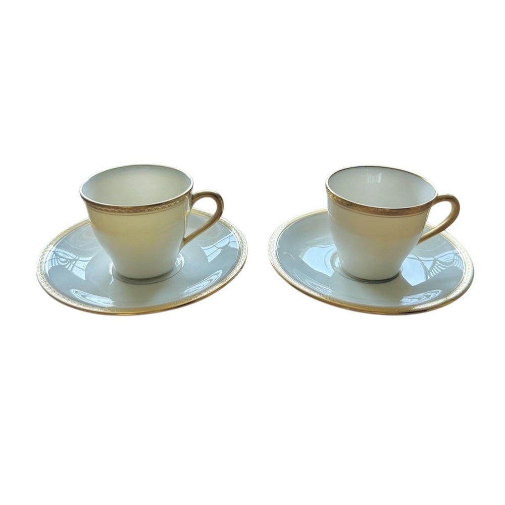 Lenox Espresso Demitasse Cups & Saucers Set of 2 White Gold Trim